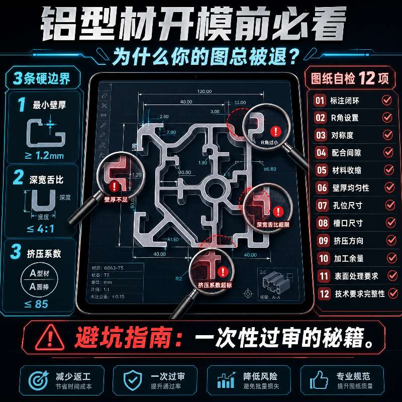 铝型材开模前必看:壁厚 / 深宽比 / 挤压比 3 条硬边界 + 图纸自检 12 项(为什么你的图总被退)