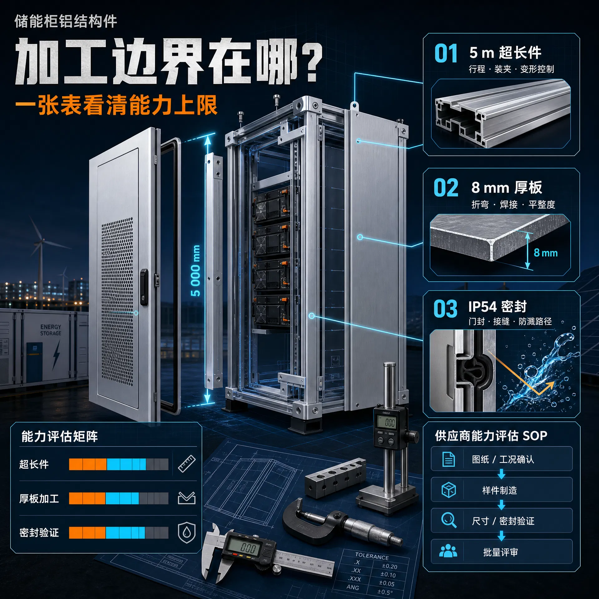 储能柜铝结构件加工边界在哪？一张表看清能力上限 —— 揭秘5米超长件、8mm厚板与IP54密封的制造门槛，附供应商能力评估SOP