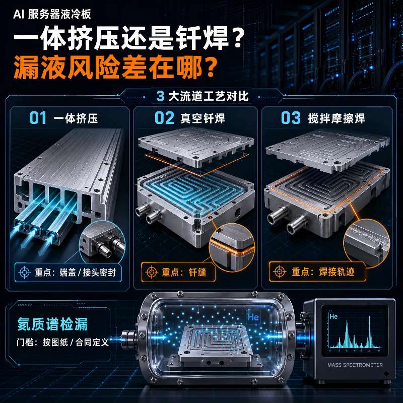 AI服务器液冷板:一体挤压还是钎焊? —— 深度解析3大流道工艺差异与氦质谱检漏门槛,揭秘漏液风险根源