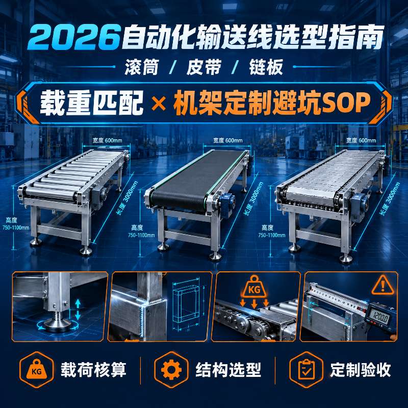 2026自动化输送线选型指南:滚筒/皮带/链板载重匹配与机架定制避坑SOP