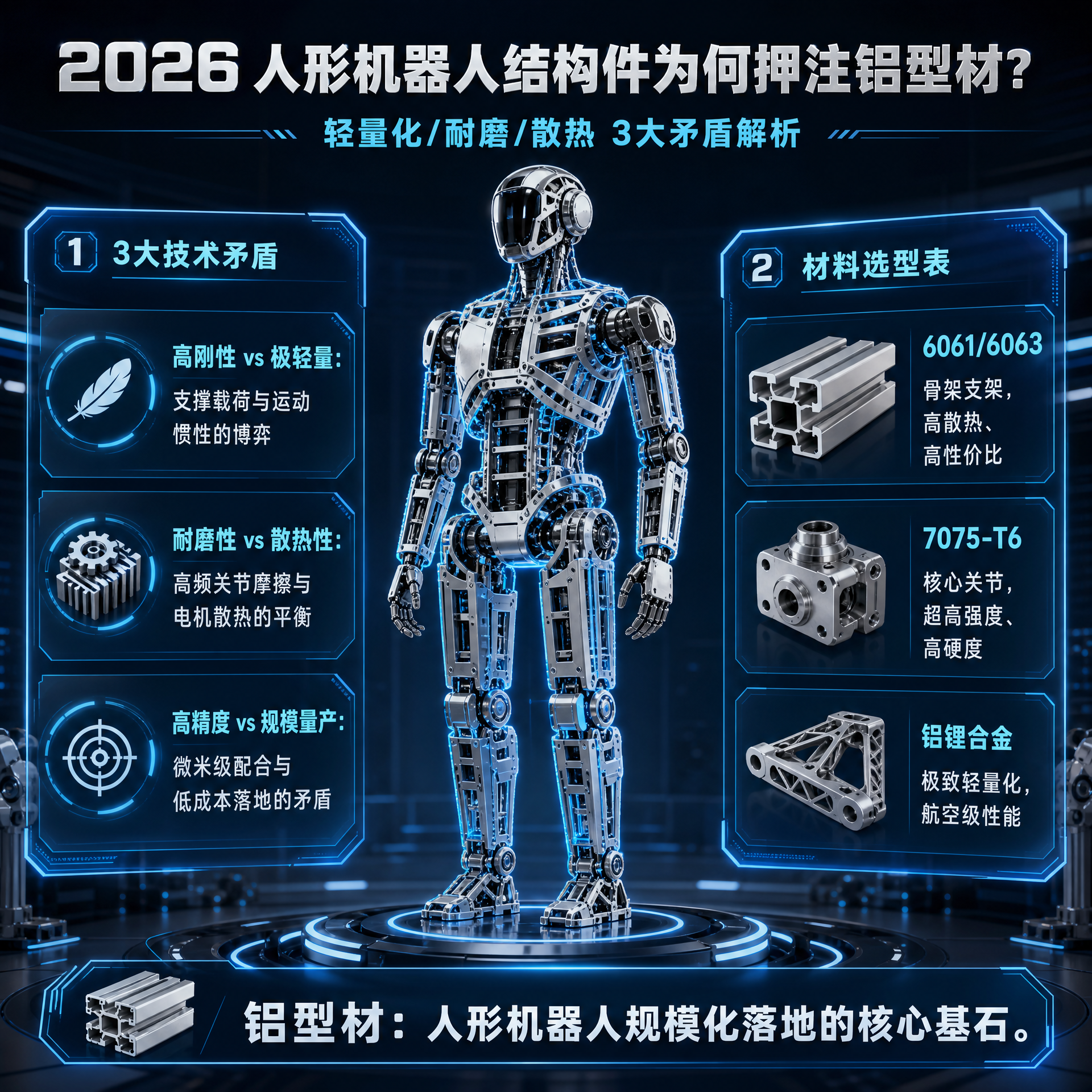 2026人形机器人结构件为何押注铝型材?轻量化/耐磨/散热3矛盾+材料选型表
