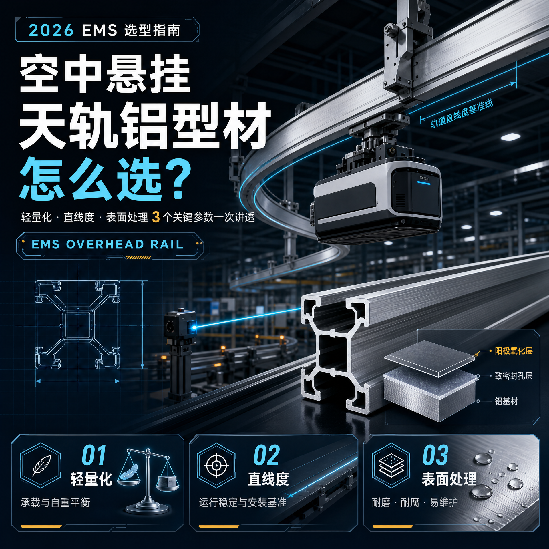 2026 EMS空中悬挂天轨铝型材怎么选？轻量化、直线度、表面处理3个关键参数一次讲透