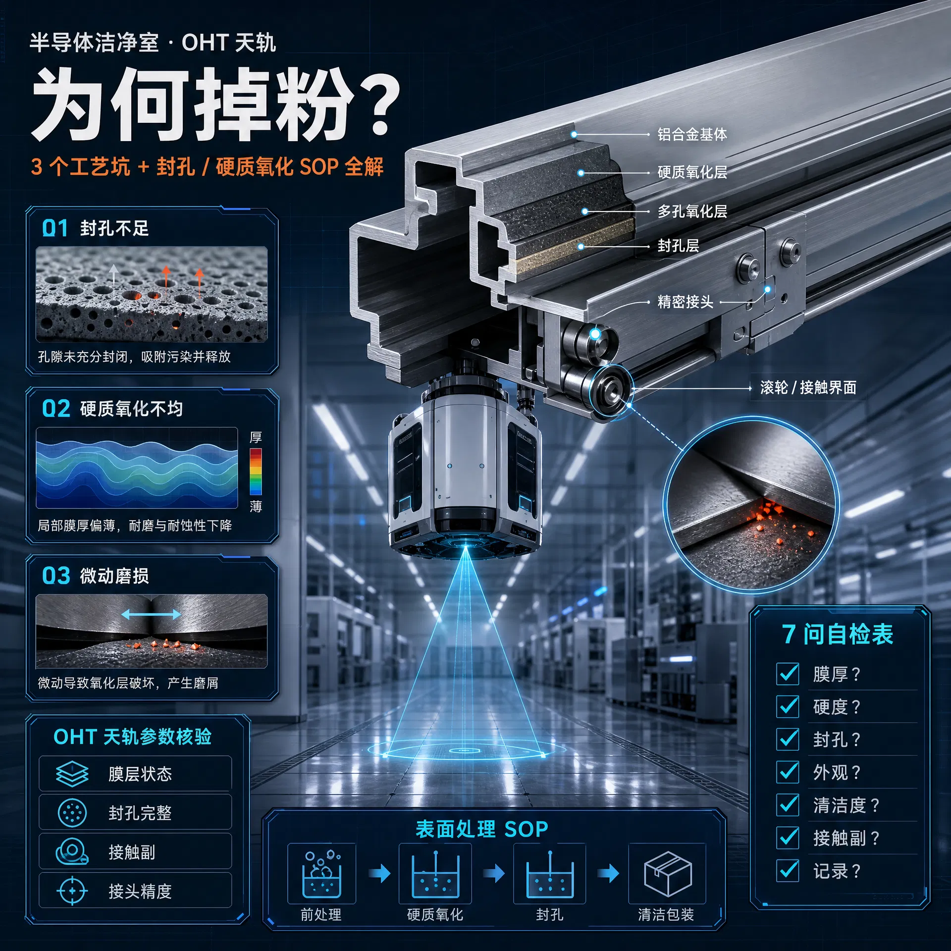 半导体洁净室铝件为何掉粉?3个工艺坑+封孔/硬质氧化SOP全解 —— 揭秘封孔、硬质氧化、微动磨损3大隐性门槛,附OHT天轨参数与7问自检表