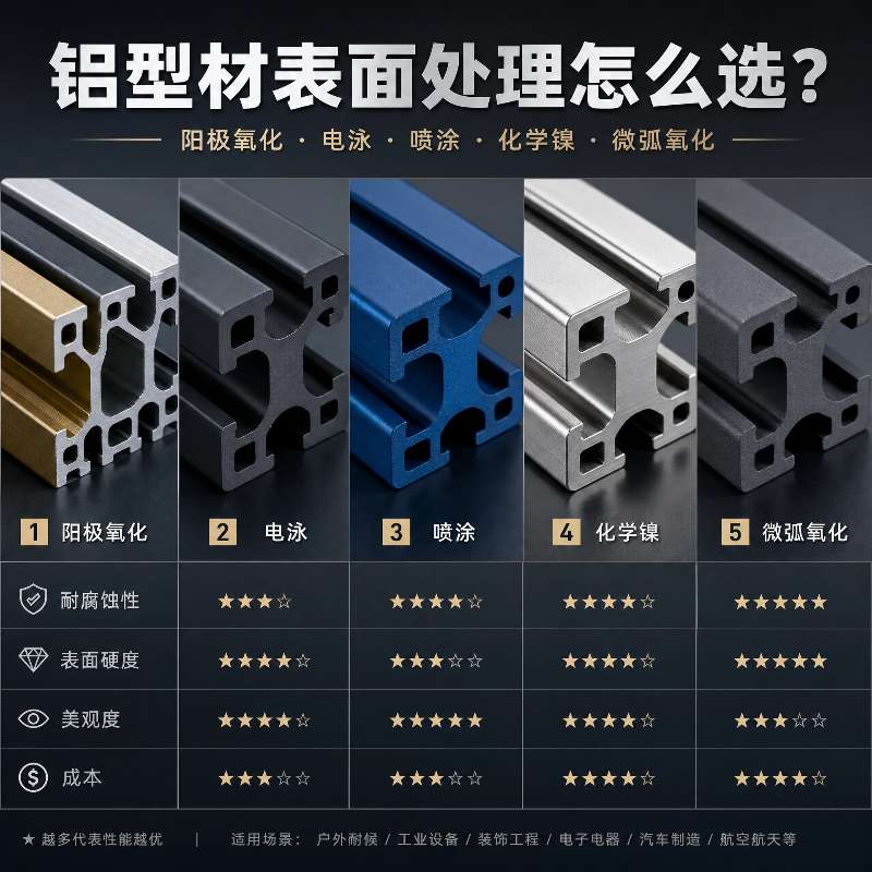 铝型材表面处理怎么选？阳极氧化、电泳、喷涂、化学镍、微弧氧化对比指南